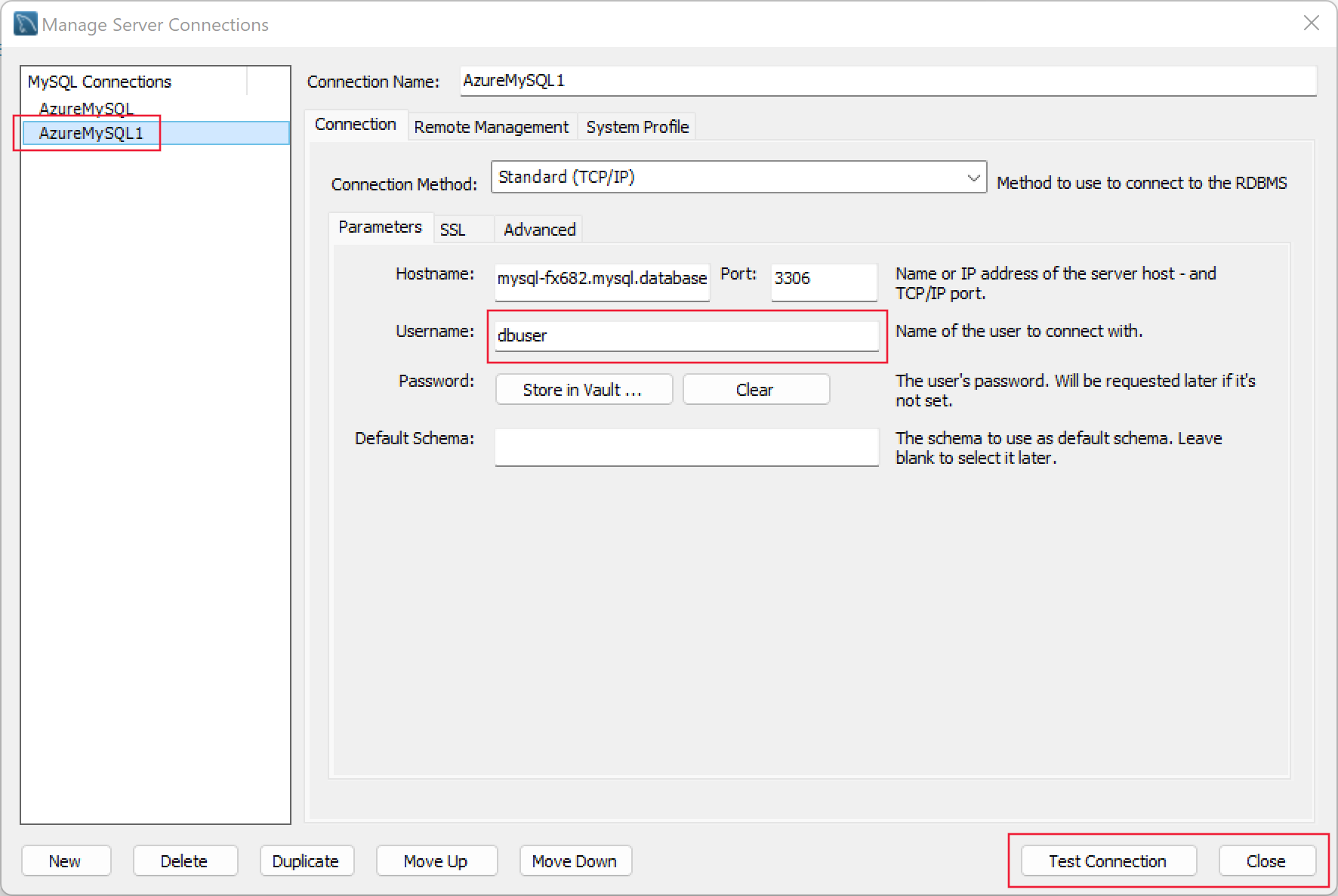 Screenshot showing the new user account in the Manage Connections dialog in MySQL Workbench.