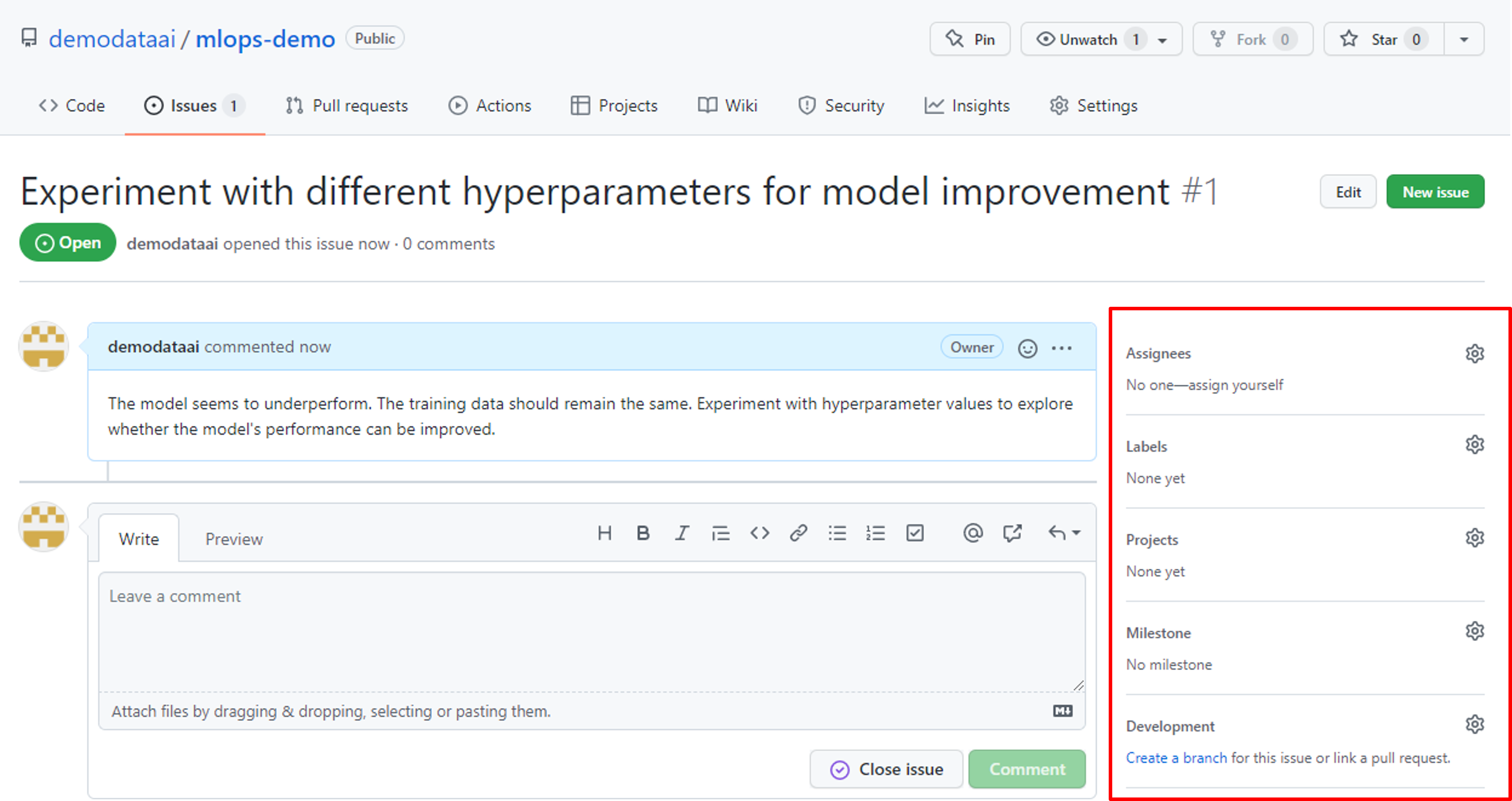 Screenshot of GitHub issue example with task pane highlighted.