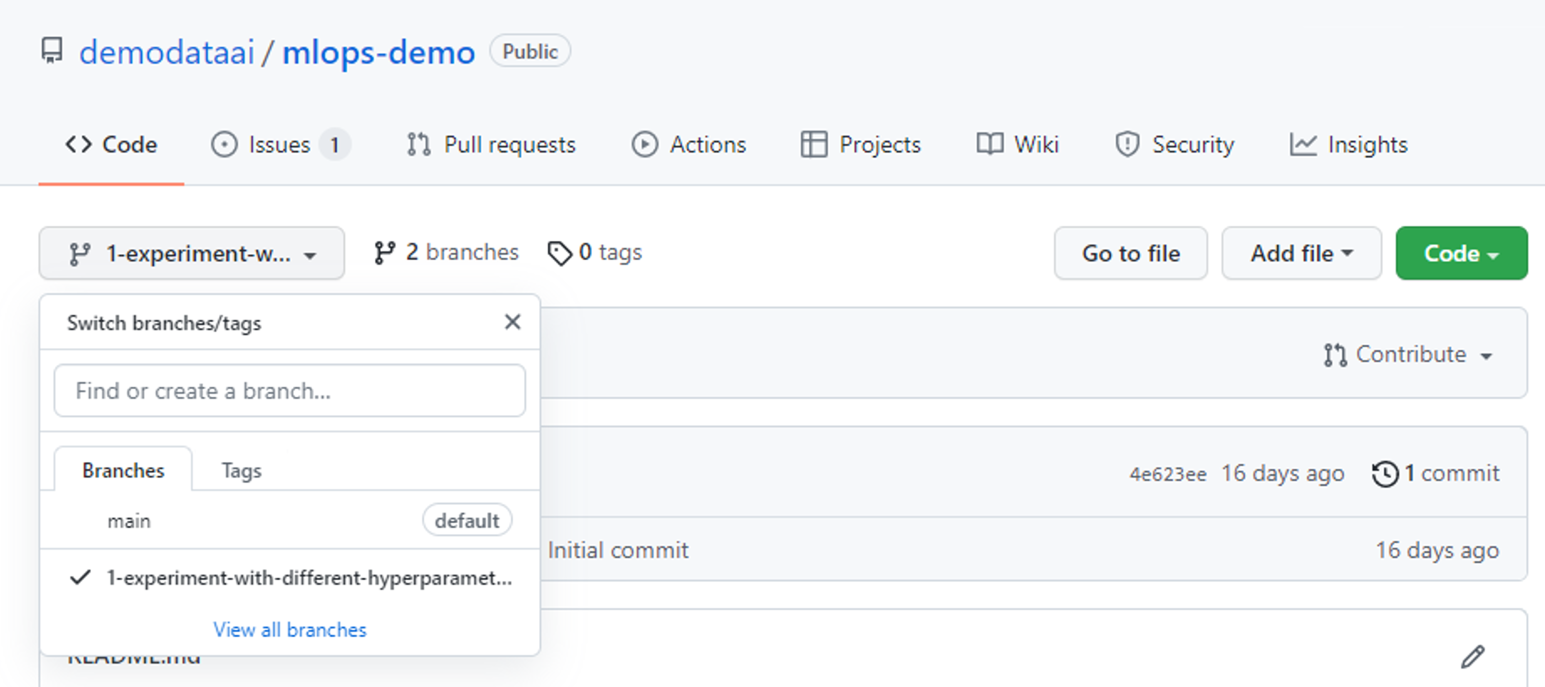 Screenshot of create new branch in GitHub repo.