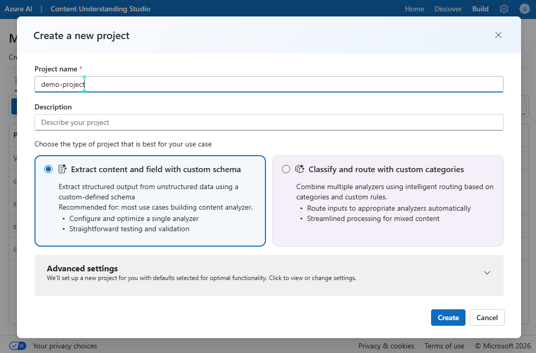 Screenshot dell'interfaccia utente Crea nuovo progetto in Content Understanding Studio.