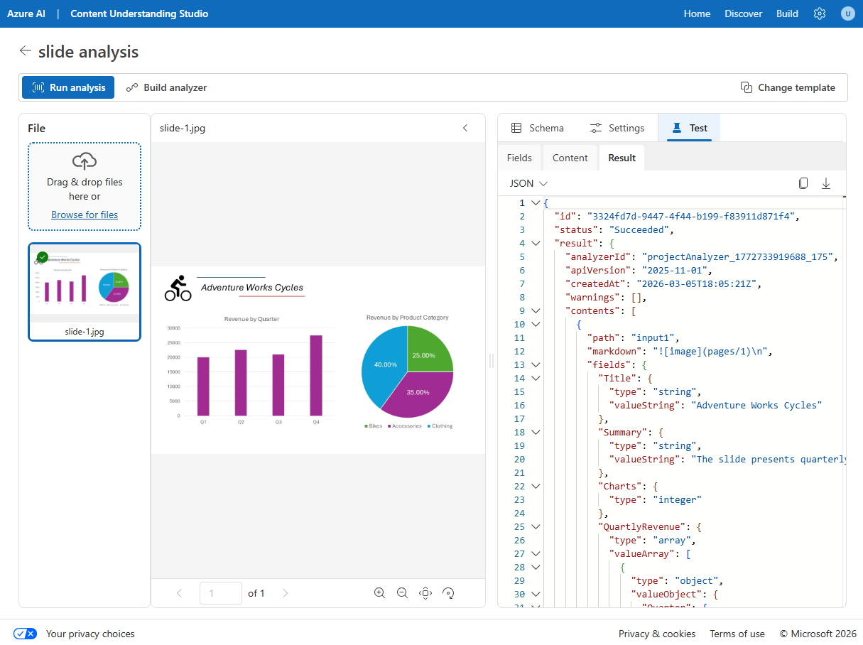 Screenshot dei risultati dei test di analisi in Content Understanding Studio.