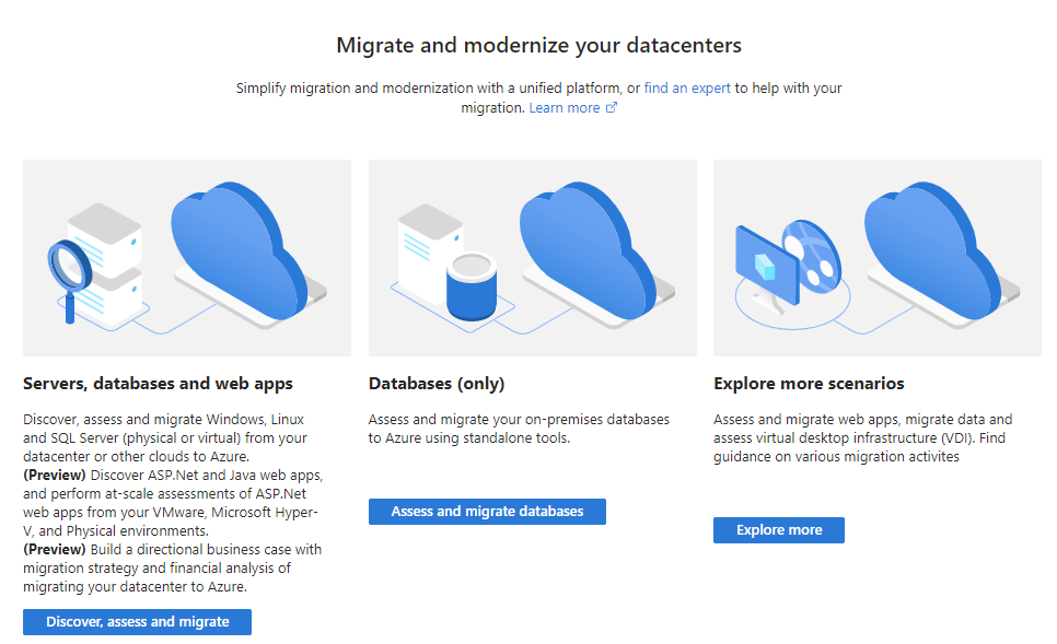 Screenshot of the Azure portal's Azure Migrate Overview Get Started screen.