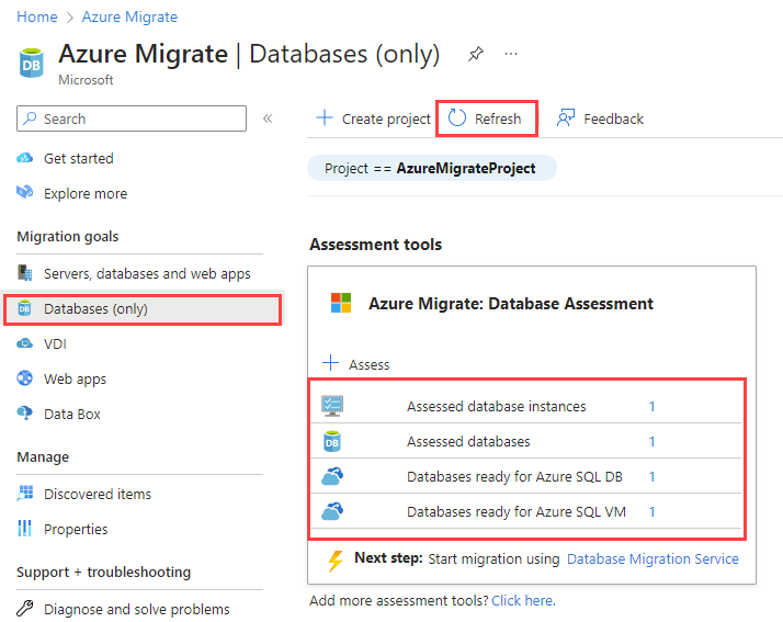 Screenshot of the Azure Migrate: Database Assessment results after the assessment report was uploaded.