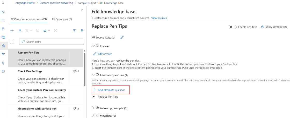 Screenshot che mostra l'opzione Aggiungi domanda alternativa nel riquadro Modifica knowledge base.