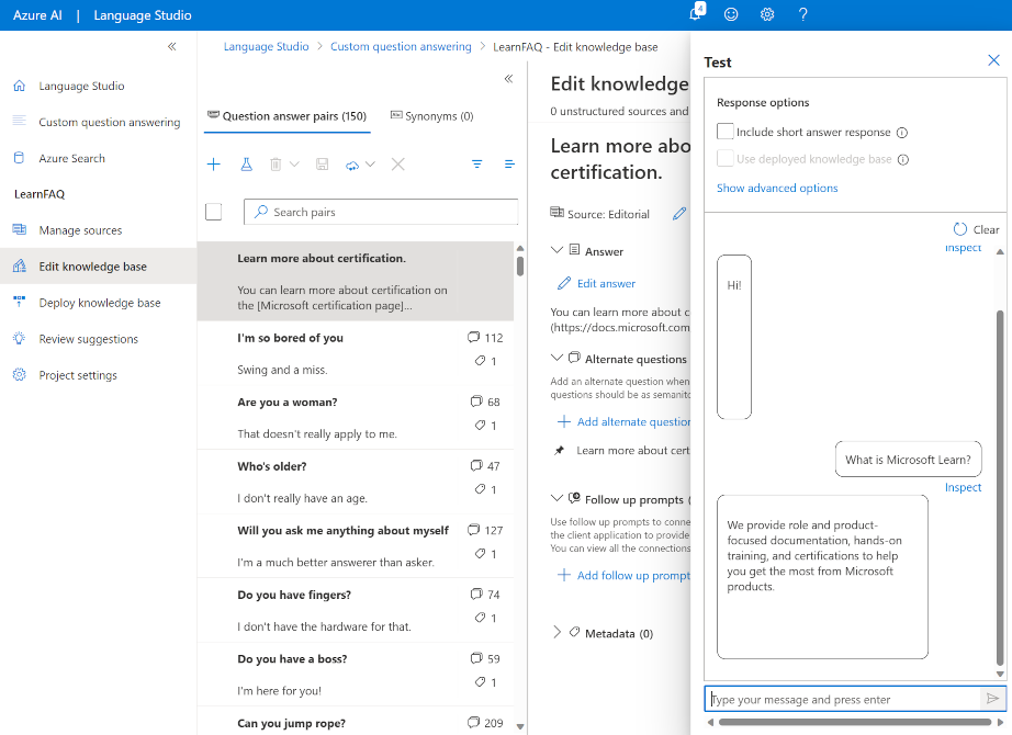Screenshot del riquadro di test del progetto di risposte alle domande personalizzato in Language Studio.