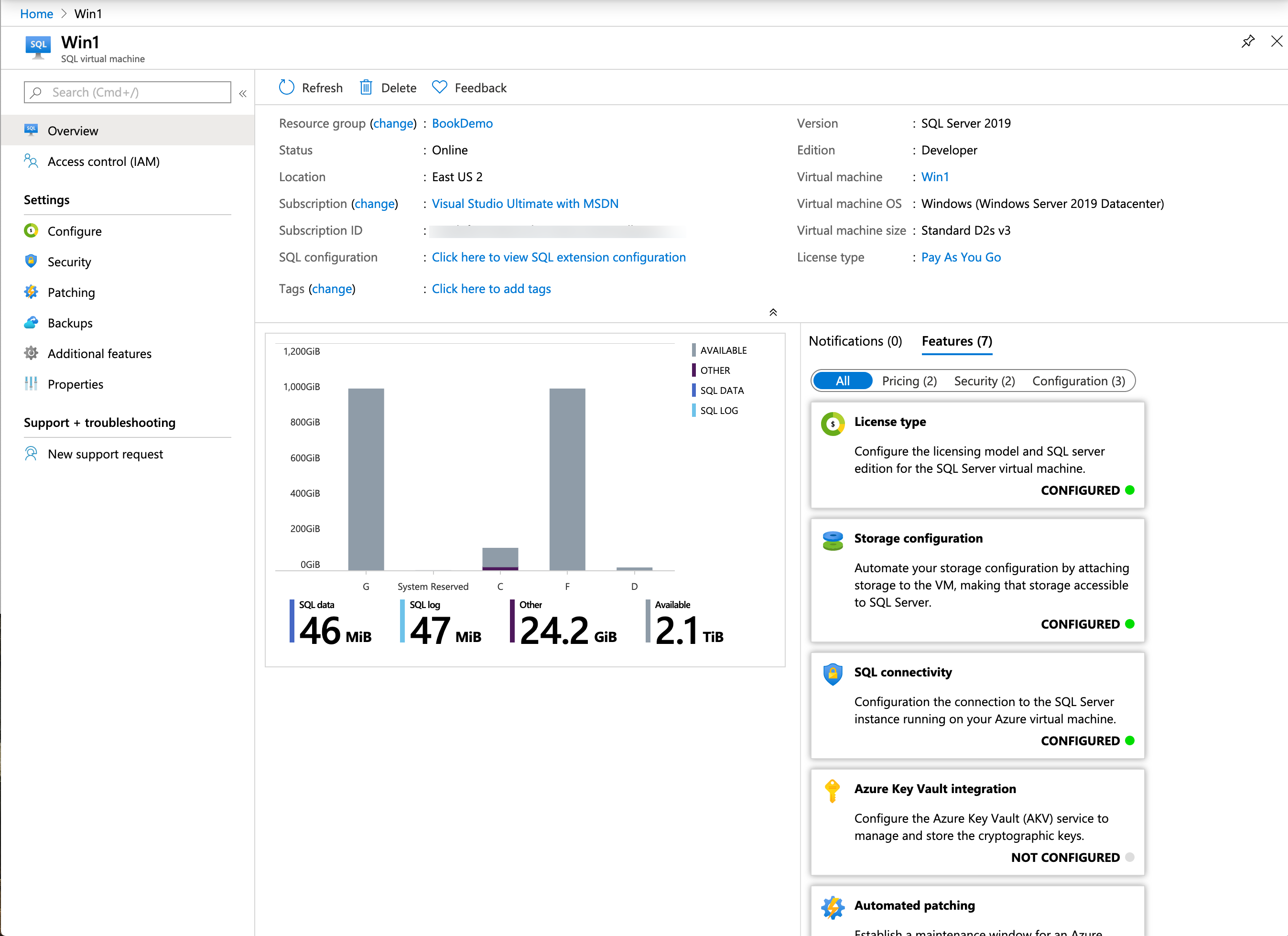 Immagine della configurazione della macchina virtuale SQL nel portale di Azure