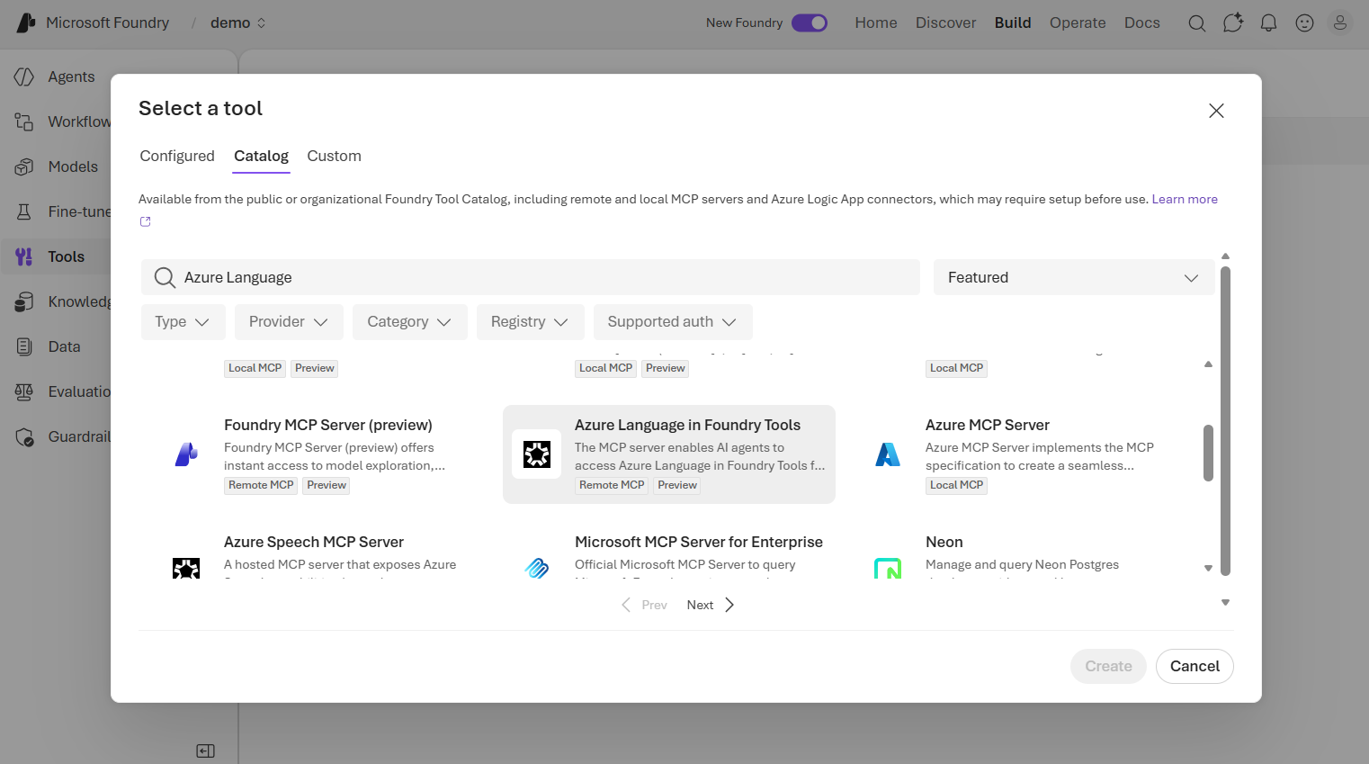 Screenshot del catalogo degli strumenti nel portale foundry che mostra la configurazione della connessione di Azure Language in Foundry Tools.