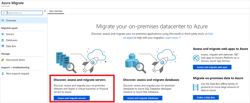 Opzioni del portale Azure Migrate