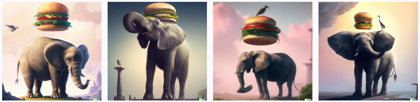 Four AI generated art depictions of an elephant with a burger on top of it.