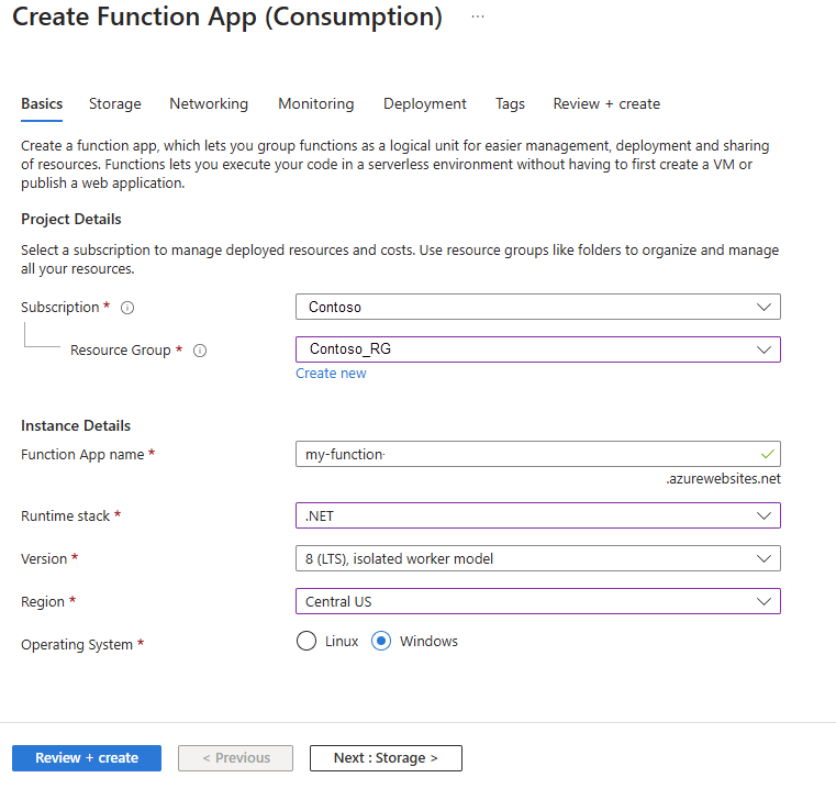 Screenshot che mostra la pagina Crea app per le funzioni nel portale di Azure.