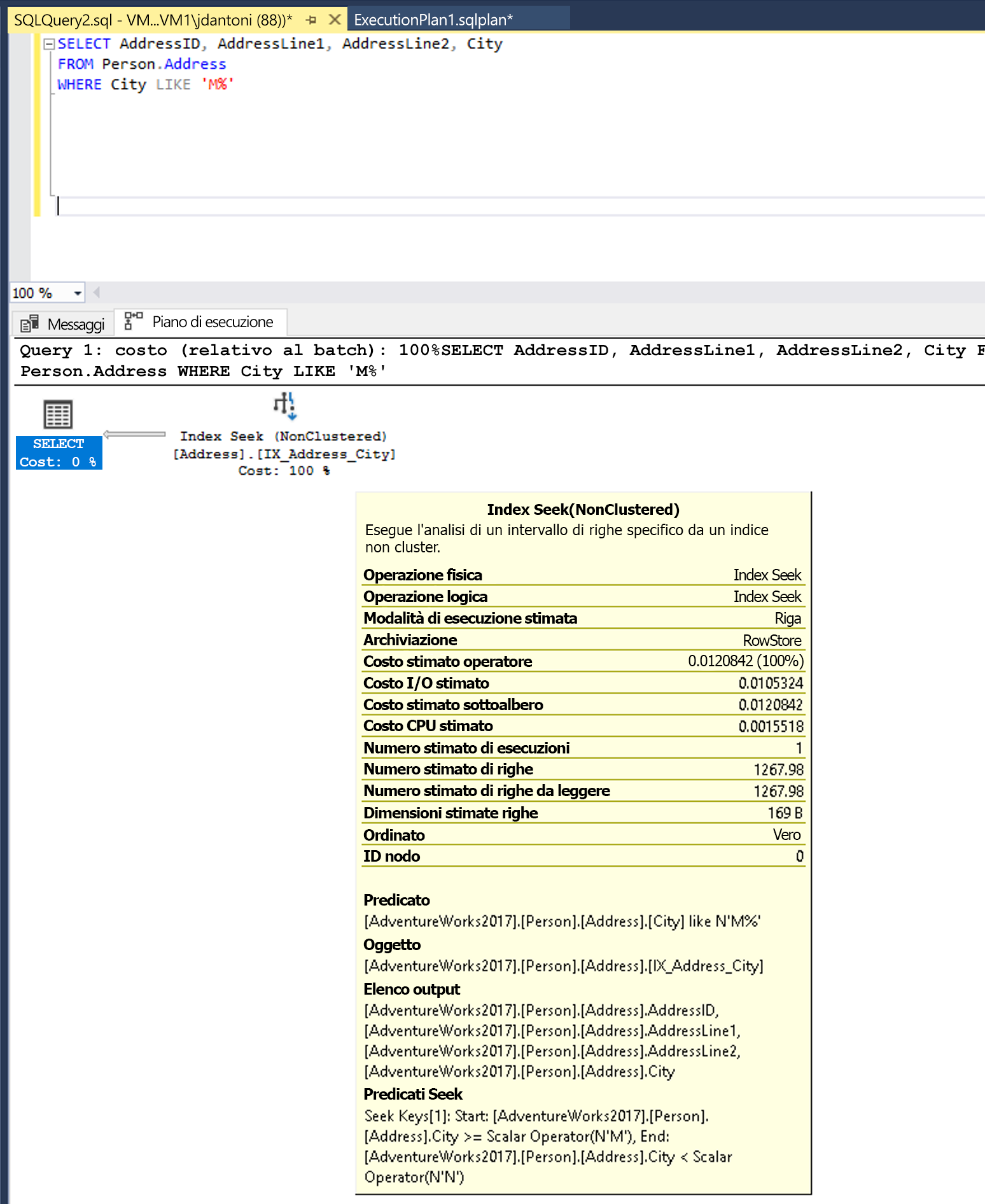 Screenshot of a query and execution plan with a SARGable Predicate.