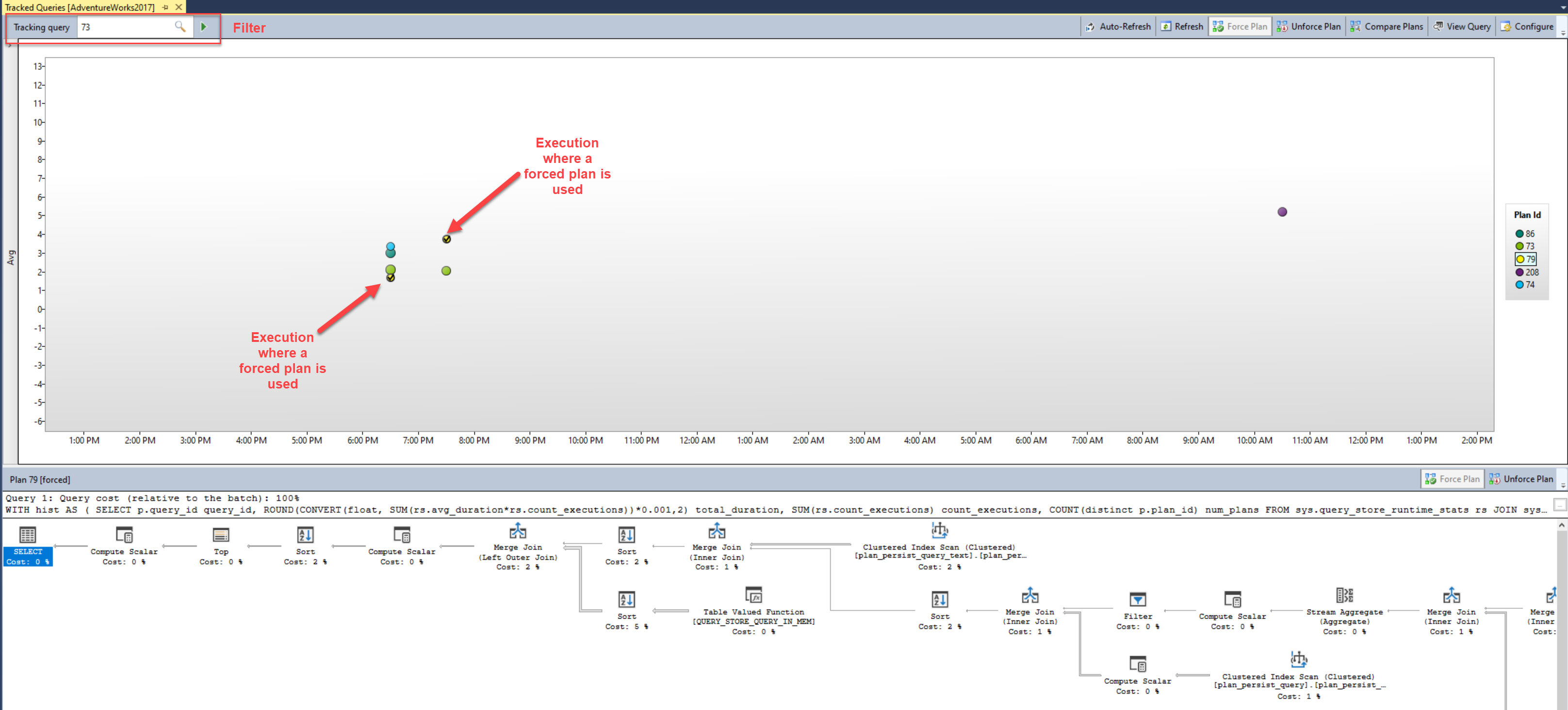 Schermata della visualizzazione Query di tracciamento con filtro in base a un ID di query specifico.