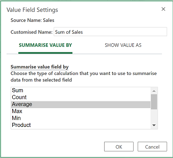 Screenshot of setting field value settings to summarize value by average.