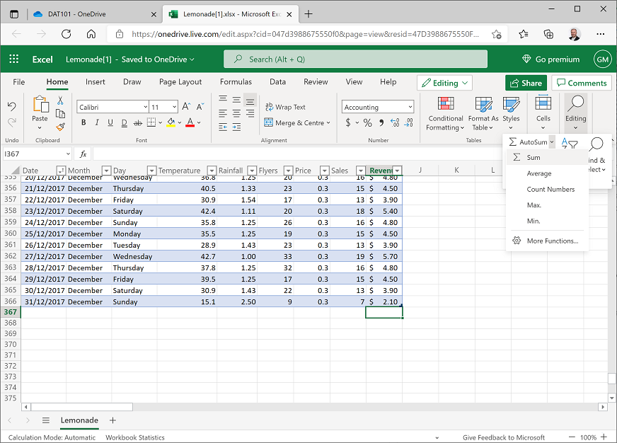 Screenshot showing the Auto Sum menu in Excel.