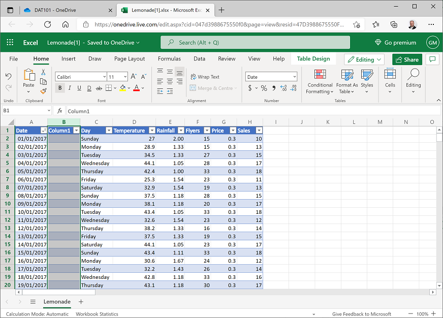 Screenshot of new Column 1 added to the worksheet.
