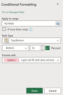 Screenshot of the conditional formatting pane.