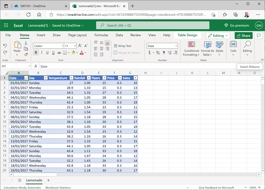 Screenshot of the Insert Sheet Columns menu option with Switch Ribbon selected.