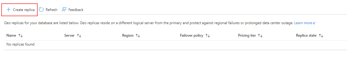 Screenshot della nuova replica di database per il database SQL di Azure.