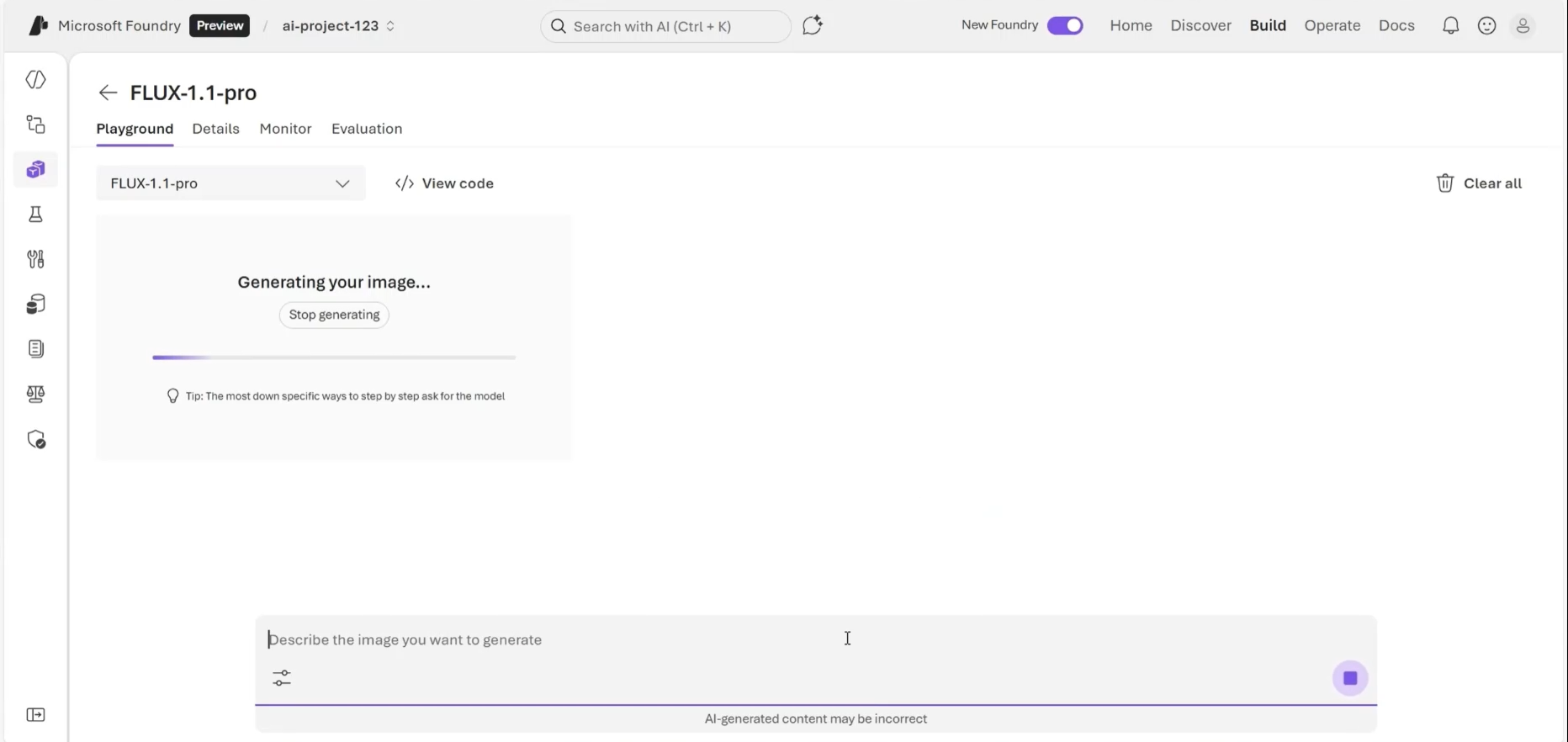 Screenshot della generazione di immagini nel Playground Foundry.