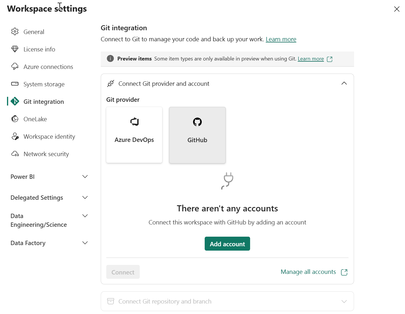 Screenshot dell'interfaccia di connessione dall'area di lavoro al provider Git.