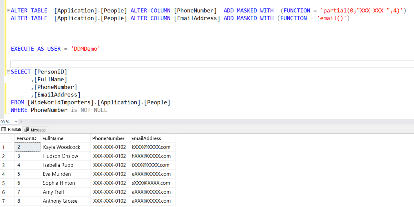 Screenshot di Dynamic Data Masking comandi T-SQL.
