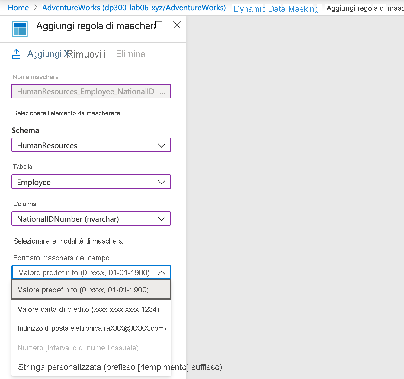 Screenshot di come aggiungere la regola di maschera in portale di Azure.