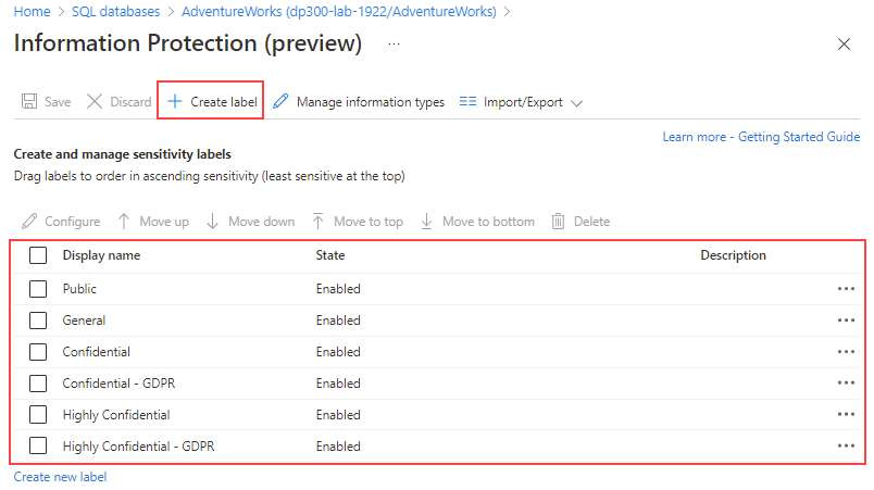 Screenshot della pagina Information Protection nel portale di Azure.