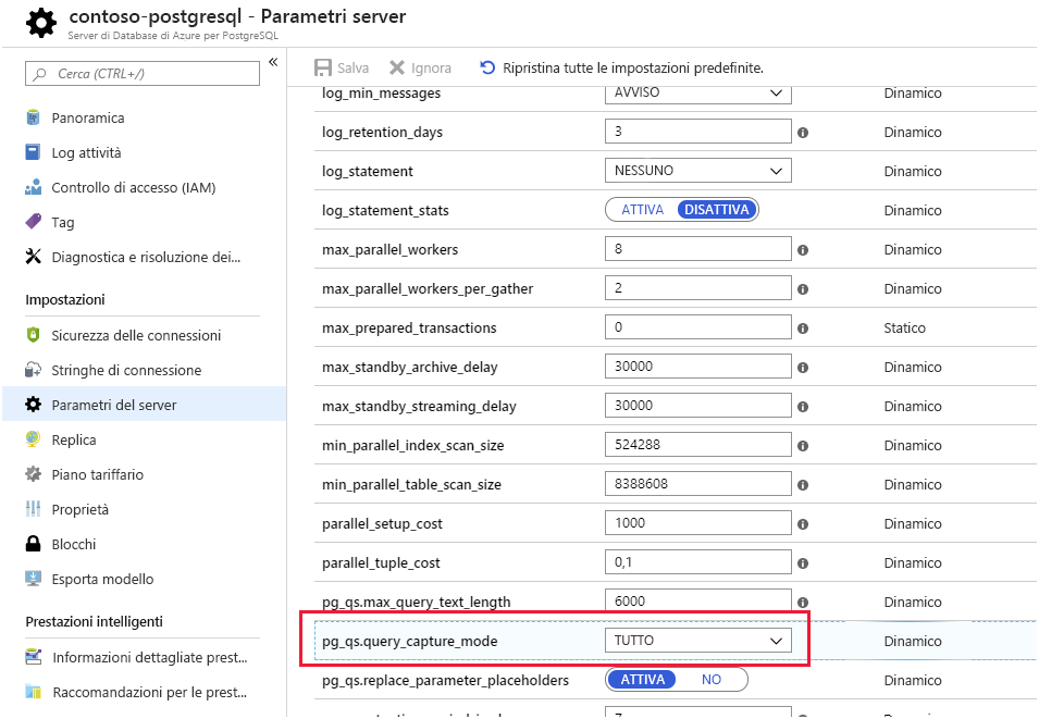 Image showing the server server parameters page for Azure Database for PostgreSQL