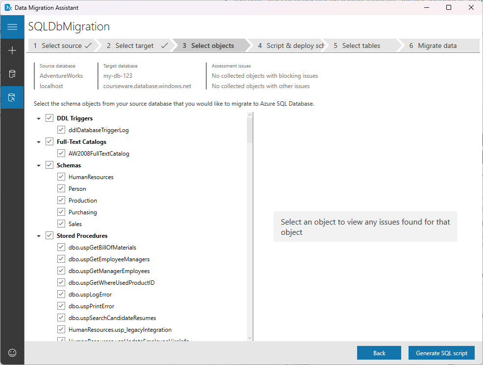Screenshot che mostra la scheda Seleziona oggetti in Data Migration Assistant.