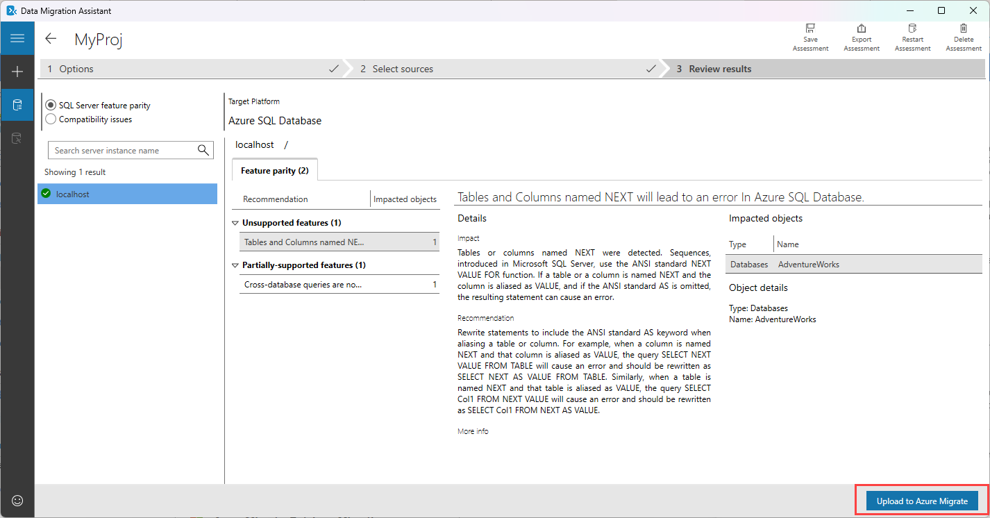 Screenshot che mostra come caricare una valutazione di Data Migration Assistant in Azure Migrate.