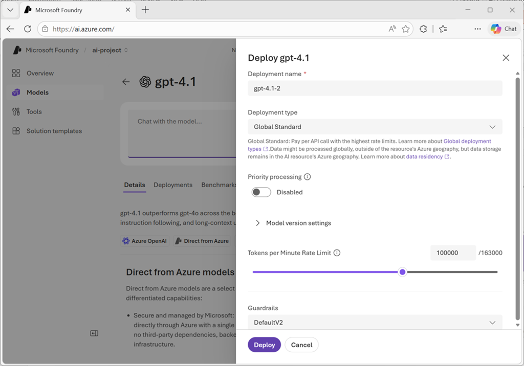 Screenshot dell'interfaccia del modello Deploy nel portale Foundry.