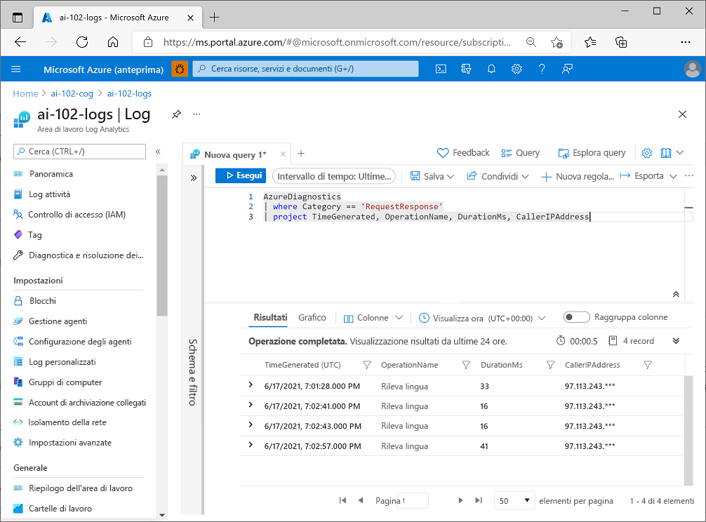 Screenshot of an Azure log Analytics query returning diagnostic data logged for an Azure AI Services resource.