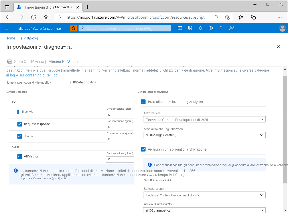 Screenshot of diagnostic settings for an Azure AI Services resource.