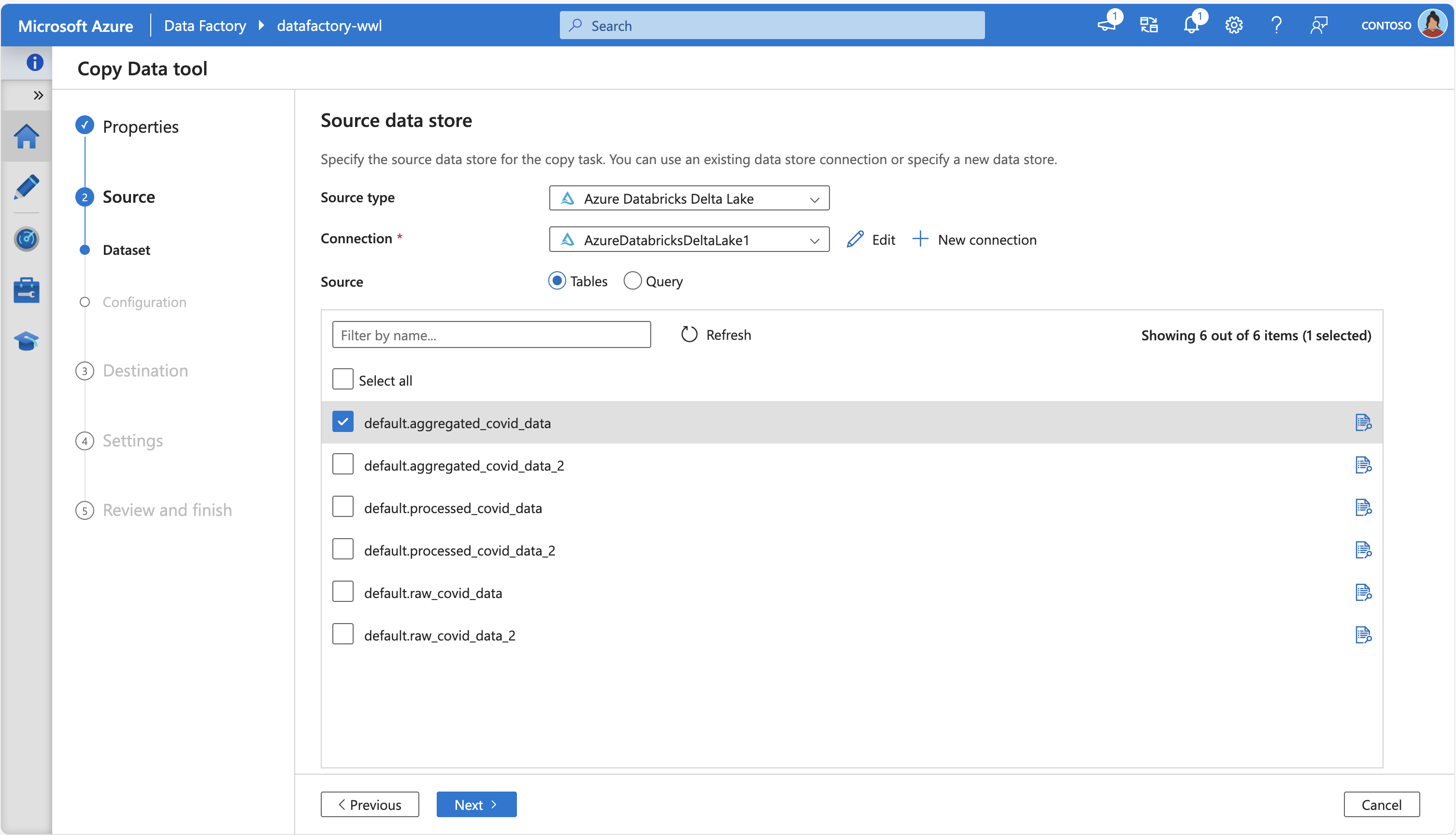 Screenshot dello strumento copia dati di Azure Data Factory che si connette a Databricks.