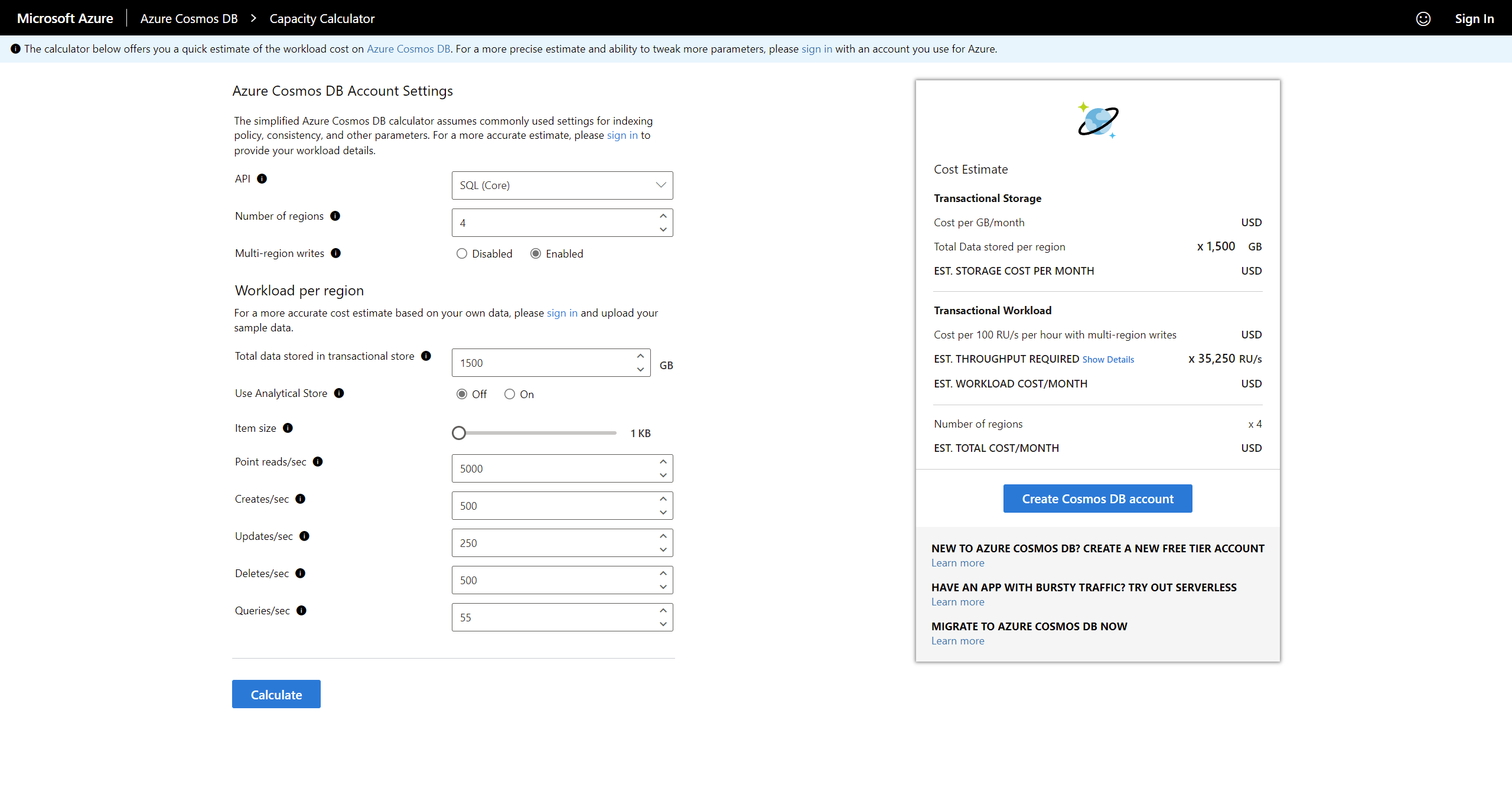 Screenshot della calcolatrice di capacità di Azure Cosmos DB