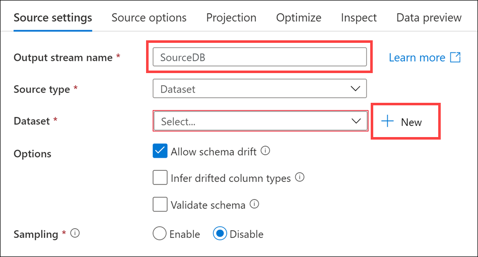 Source settings The New button is highlighted next to Dataset.