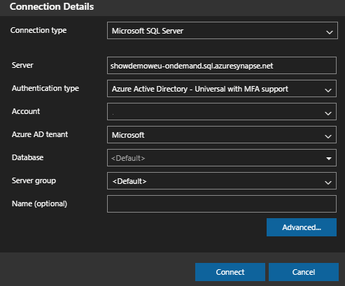 Azure Synapse SQL pools connection details in Azure Data Studio
