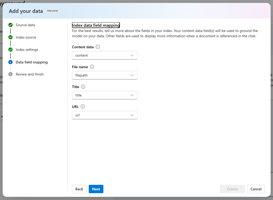 Screenshot of Azure OpenAI Studio index field mapping.