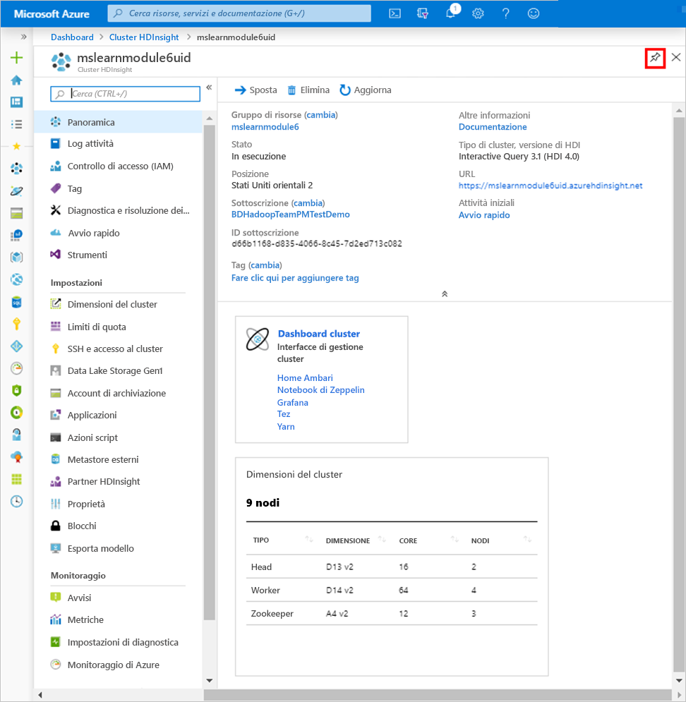 The HDInsight overview screen in the Azure portal.