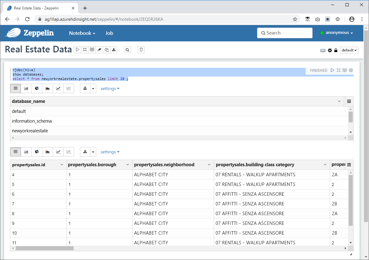 Viewing Query results in a Zeppelin Notebook in the Azure portal