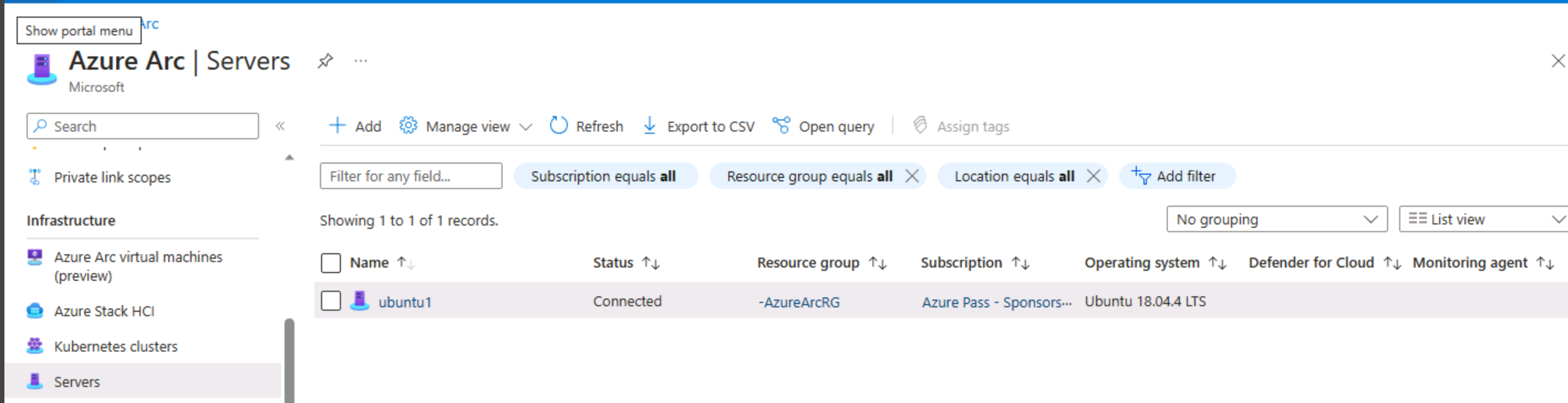 Screenshot del server Linux connesso ad Azure Arc