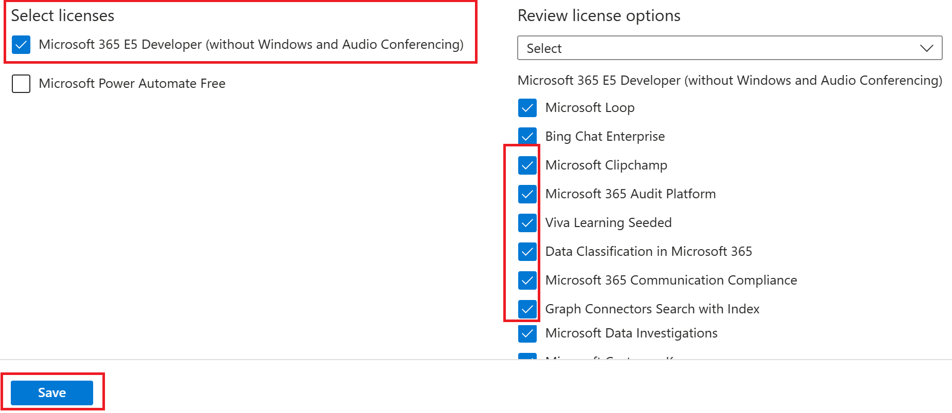 Screenshot of the Update license assignments page and the available licenses highlighted. Office 365 E5 and Windows 10 Enterprise E3 are selected. Selecting these licenses brings up a list of products available in those licenses, like Microsoft Bookings, Project, and others. You can choose to remove specific products.
