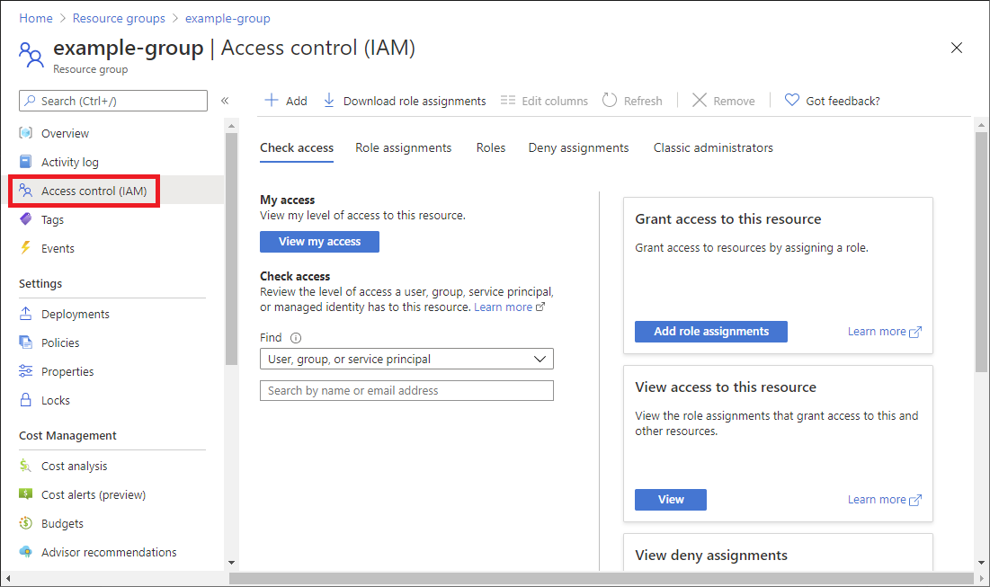 Screenshot of the Azure portal. It shows a sample resource group with the Assign Role selected.
