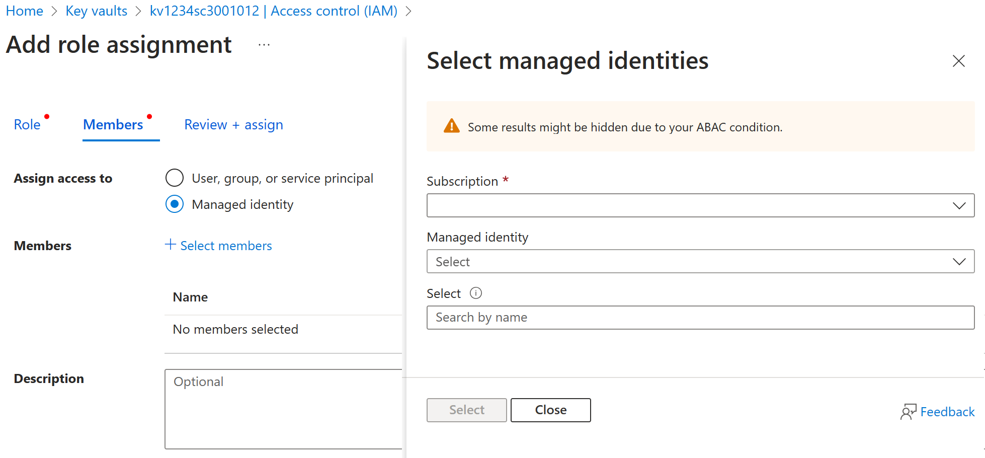Screenshot of the Azure portal in the key vault page, choose the managed identity to grant role and access to.