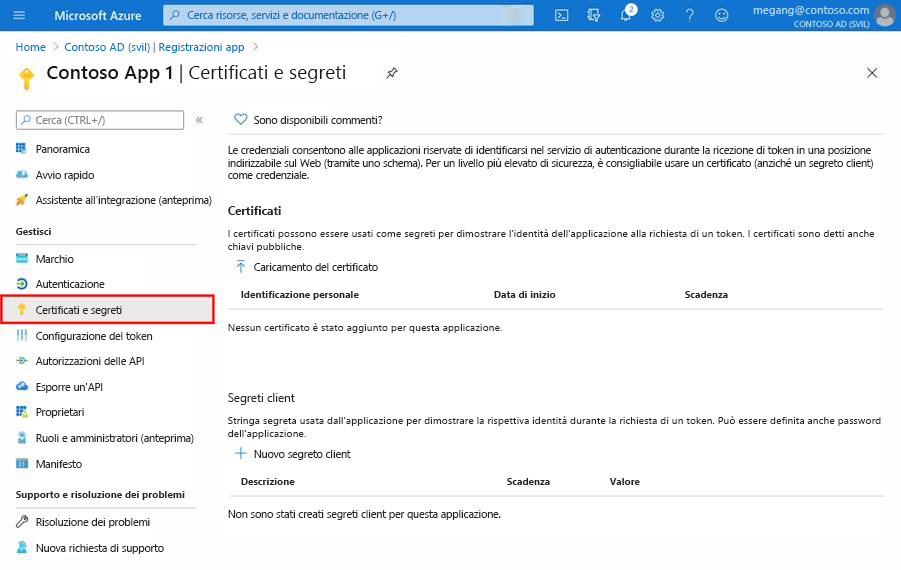 Screenshot of Azure portal showing the Certificates and secrets pane in app registration.