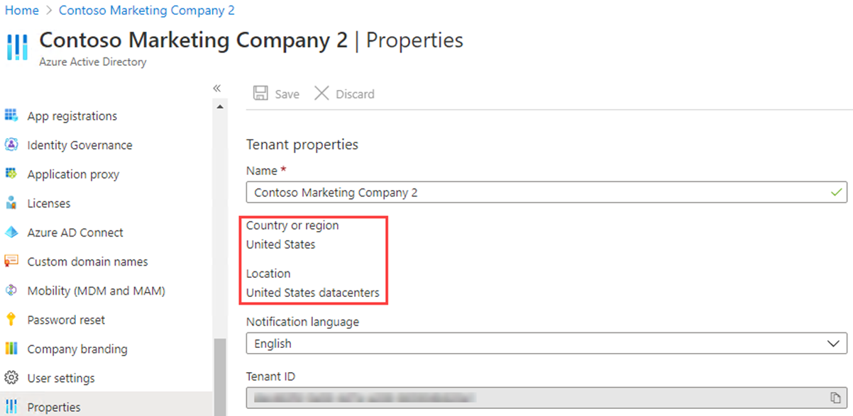 Screenshot of the Microsoft Entra ID Properties with the Country or region settings highlighted.