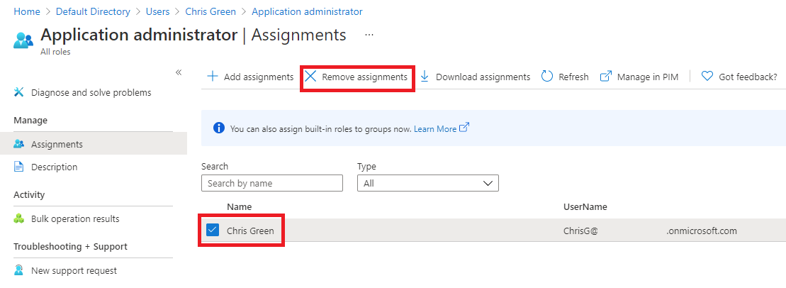 Screenshot of the Remove assignments dialog box with Yes highlighted.