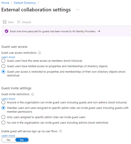 Screenshot of the Microsoft Entra ID manage external user settings dialog.