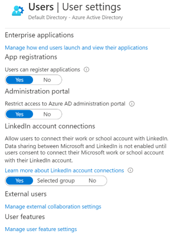 Screenshot of the Microsoft Entra ID user settings, where permissions can be restricted.