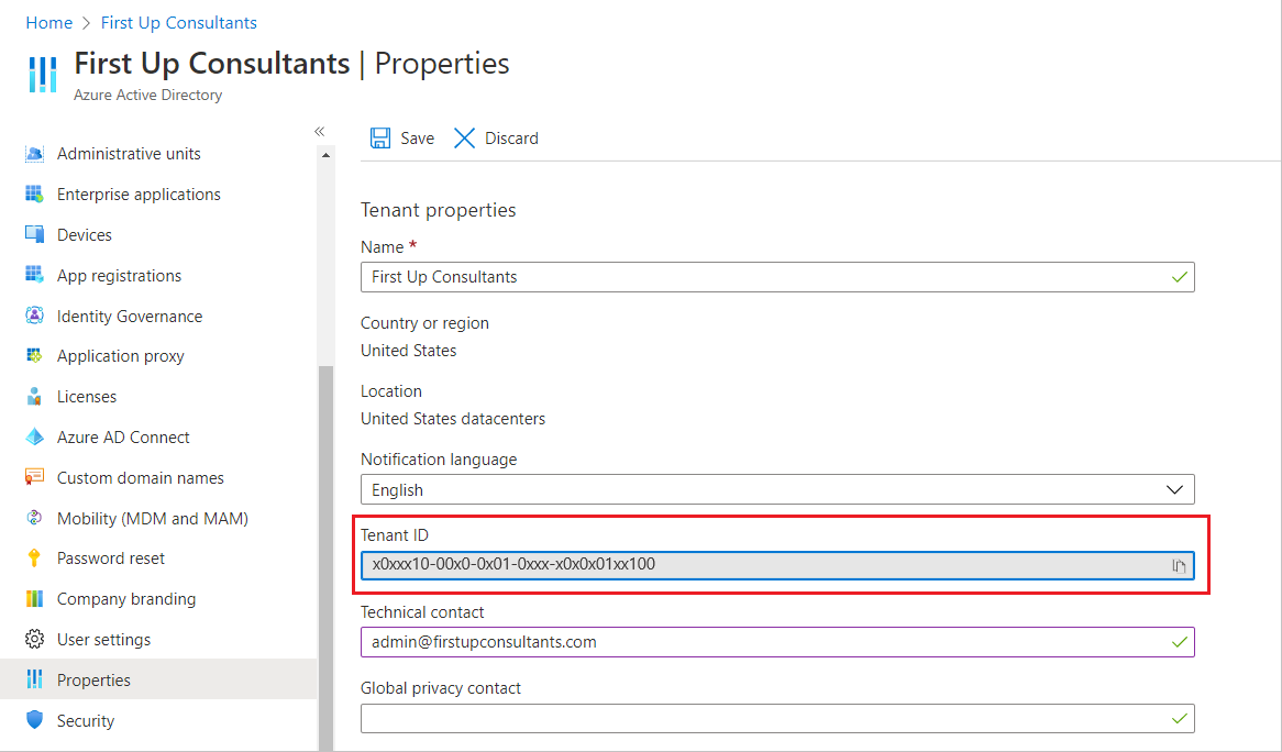 Screenshot of the Tenant properties page with the Tenant ID box highlighted.